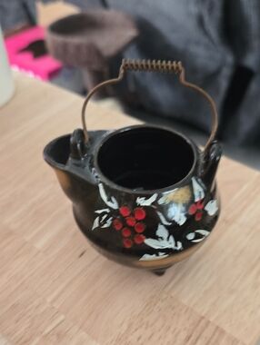 Vintage Japanese Redware Black Ceramic Pot with Red Berry Motif